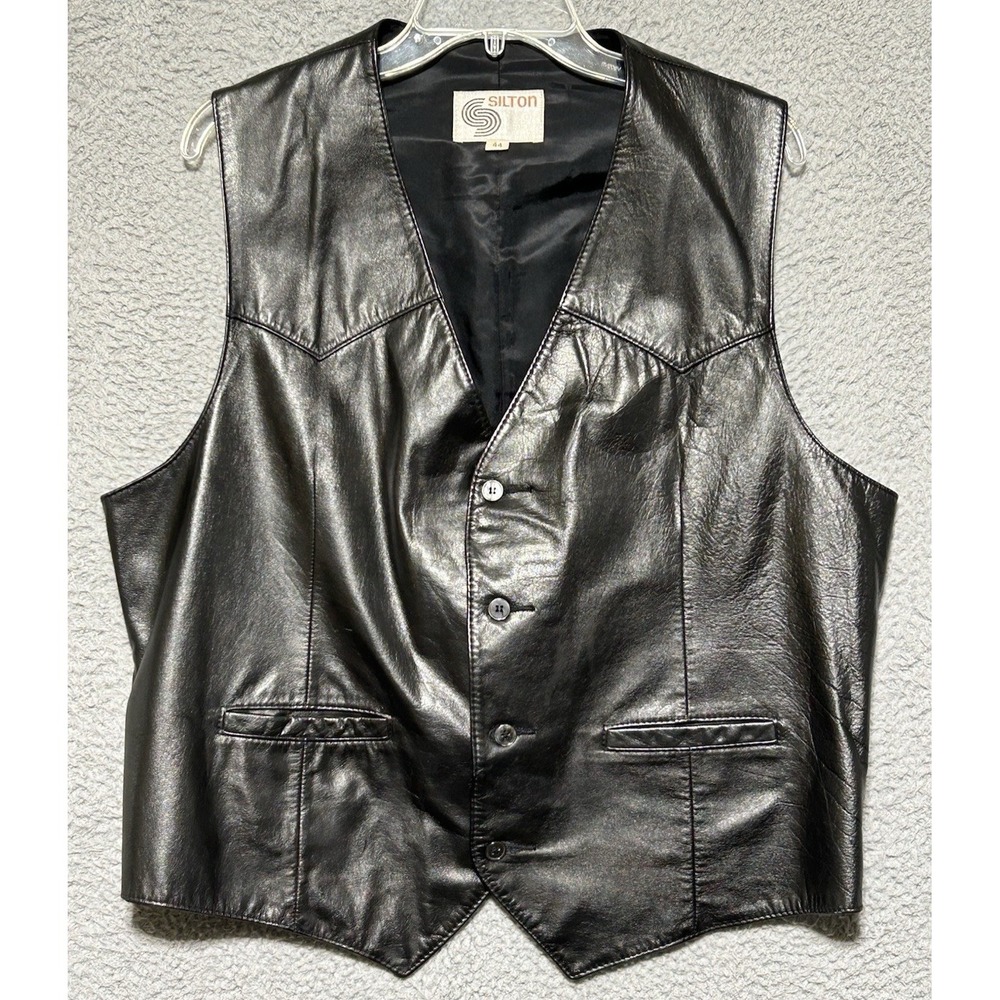 Vintage Silton Leather Western Vest Mens Black Button Up Cowboy Biker Moto Sz 40